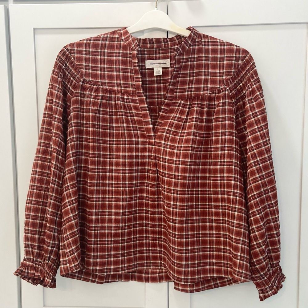 Treasure & Bond Red Plaid Long-Sleeve V-Neck Blouse